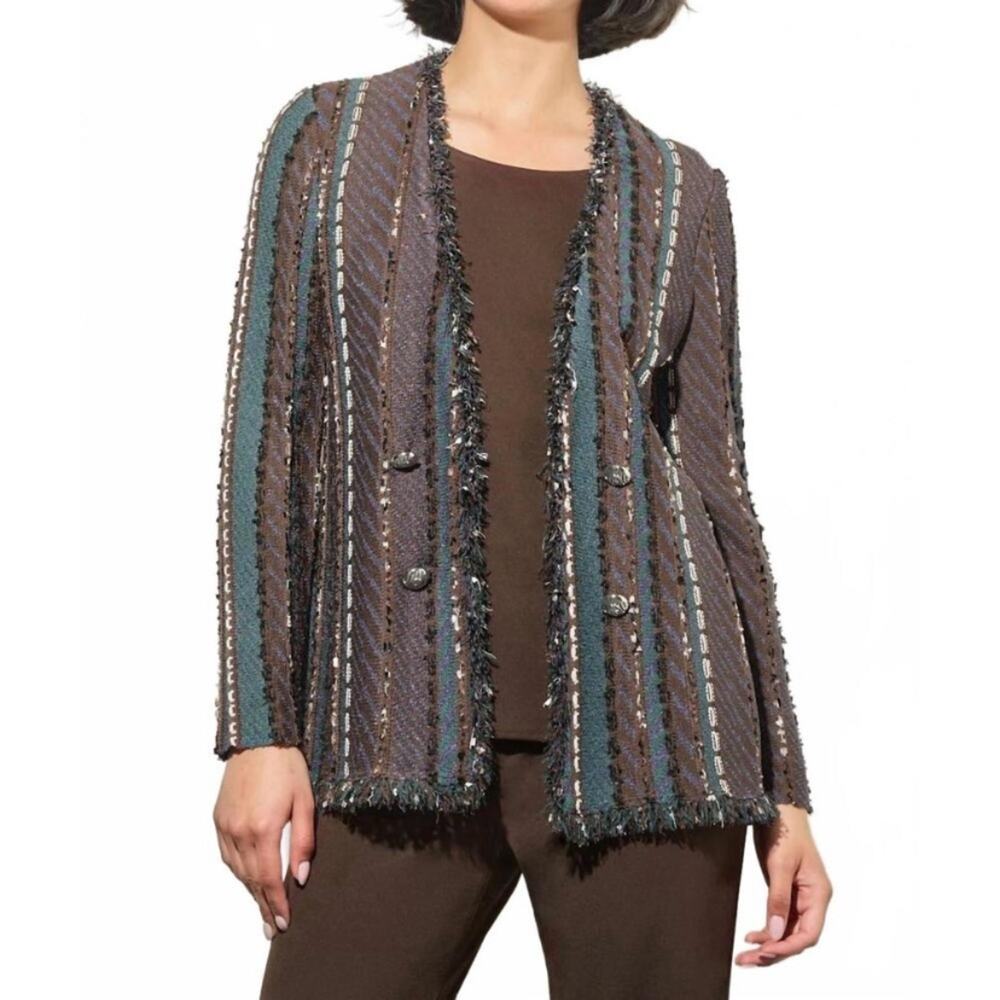 Ming Wang Mixed Knit Fringe Cardigan Sweater Jacket Button Front size medium